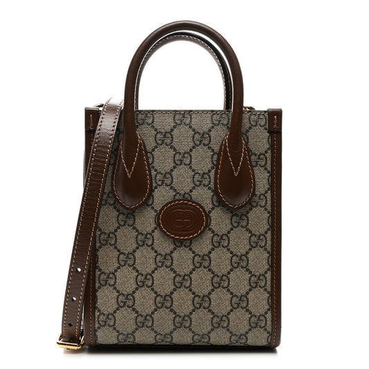 GG Supreme Monogram Azalea Calfskin Mini Retro Interlocking G Tote Bag Beige Ebony Brown Sugar