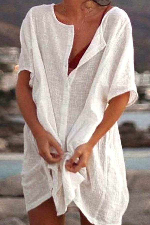 Vestido camisero holgado de manga corta de color liso para playa, ropa de protección solar 