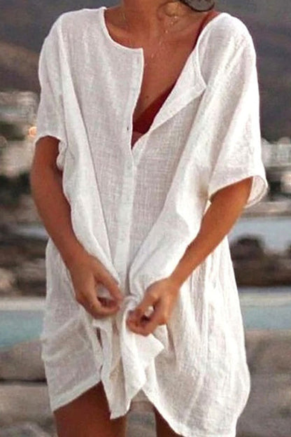 Vestido camisero holgado de manga corta de color liso para playa, ropa de protección solar 