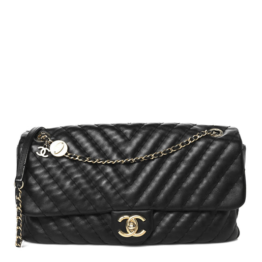 Calfskin Surpique Chevron Large Flap Black