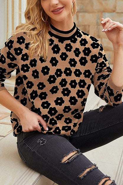 Suéter de punto con estampado floral y cuello alto, suéter ligero con bloques de color