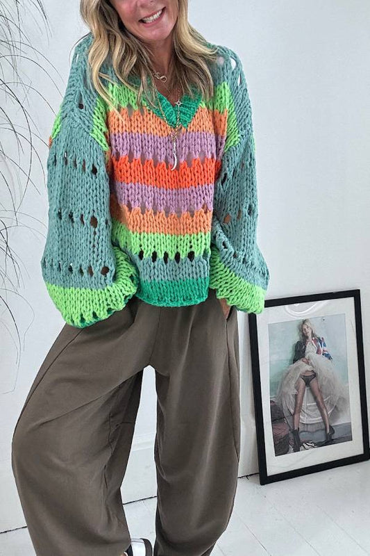 Suéter holgado de punto con cuello en V, mangas globo y varios colores, tendencia de esta temporada