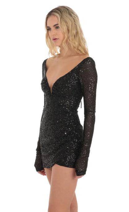Sequin V-Neck Long Sleeve Dress in Black