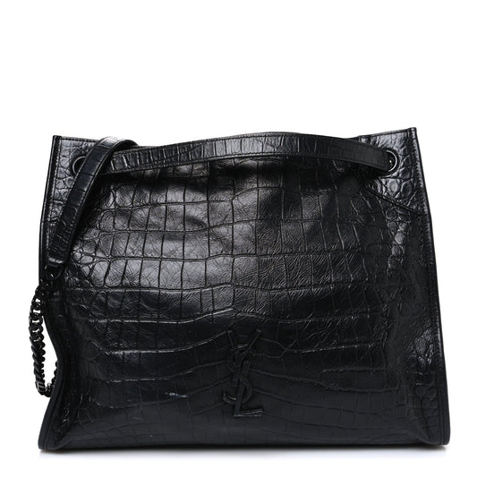 Calfskin Crocodile Embossed Monogram Medium Niki Shopping Bag Black