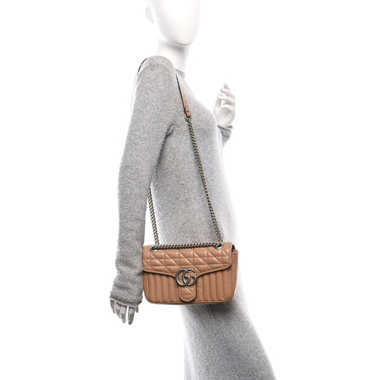 Calfskin Matelasse Aria Small GG Marmont Shoulder Bag Camelia