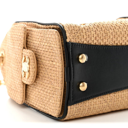 Braided Raffia Calfskin Quilted Mini Chanel 25 Handbag Beige Black