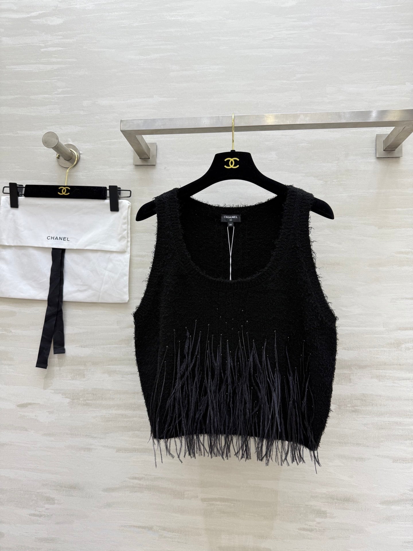 CC Ostrich Feather Rhinestone Vest Black Mulberry Silk Yarn 346478