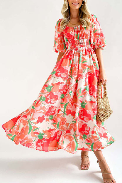 Elegante vestido largo con cuello cuadrado y mangas abullonadas estampadas 
