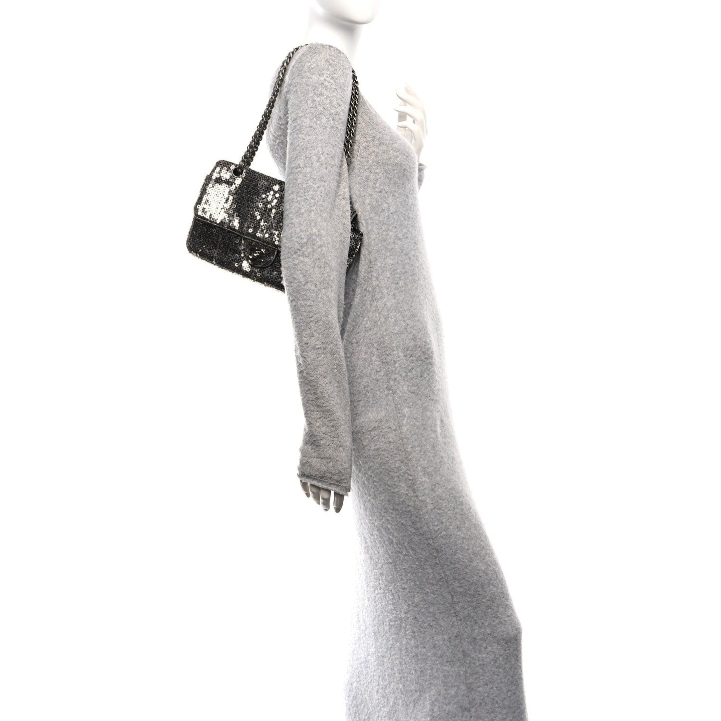 Sequin Medium Single Flap Dark Silver