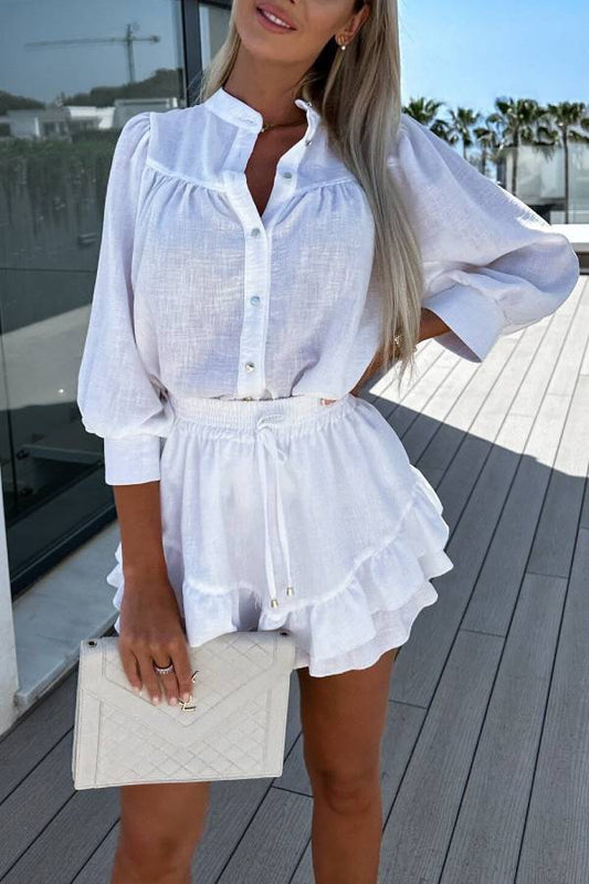 Conjunto de camisa y falda corta de algodón y lino de moda casual