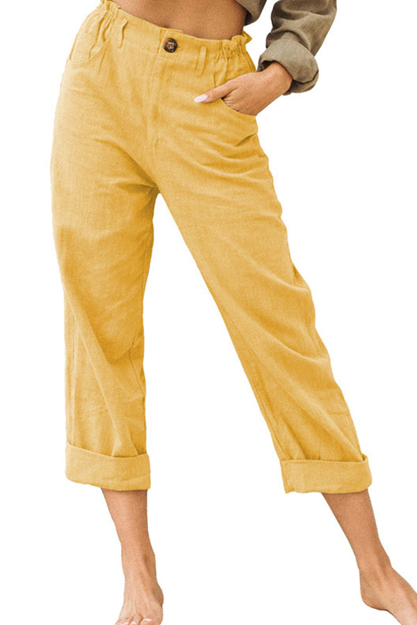 Pantalones casuales de cintura alta holgados de moda de algodón y lino de color sólido