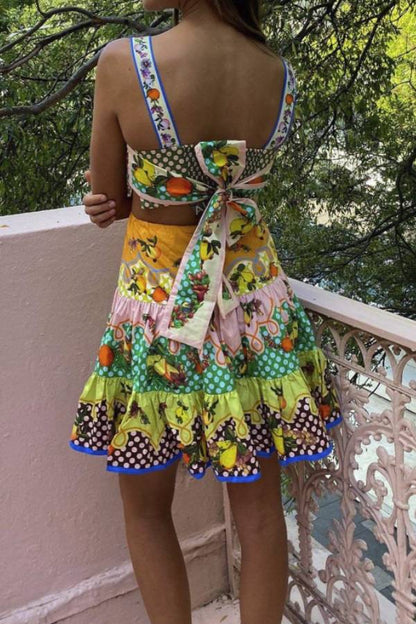 Vestido mini veraniego multicolor con dobladillo preatado en limón