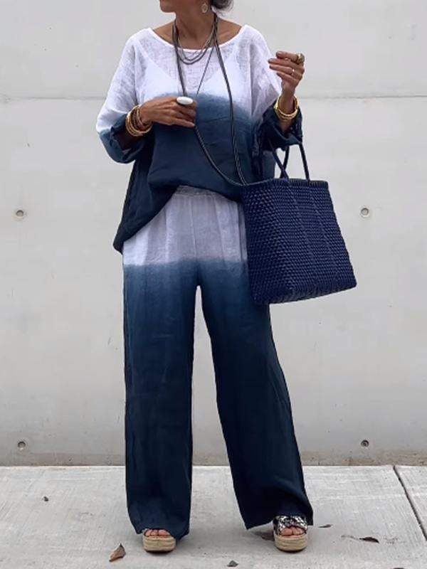 Conjunto de dos piezas de algodón y lino degradado para mujer 