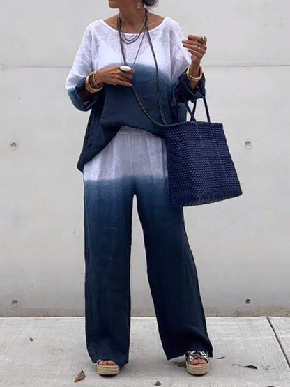 Conjunto de dos piezas de algodón y lino degradado para mujer 
