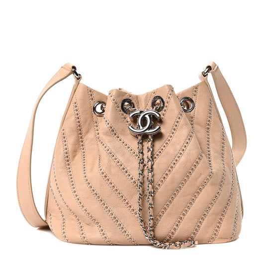 Metallic Calfskin Studded Chevron Quilted Small Stud Wars Drawstring Bag Beige