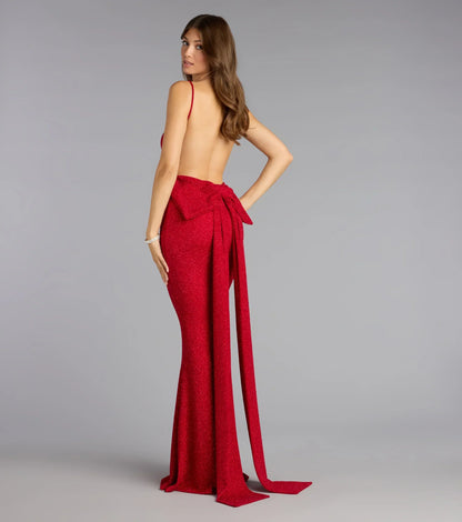 Gwendolyn Glitter Knit Bow-Back Mermaid Dress