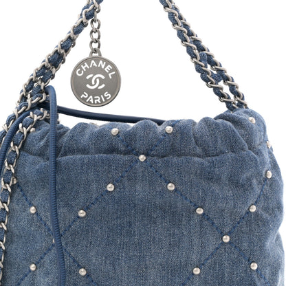 Washed Denim Quilted Studded Mini Chanel 22 Blue