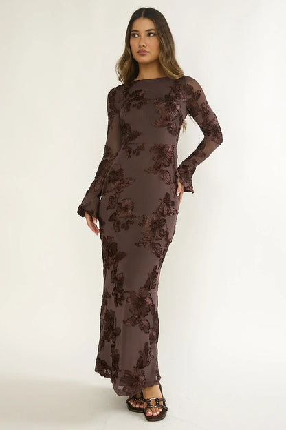 Helsi Long Sleeve Embellished Maxi Dress Brown