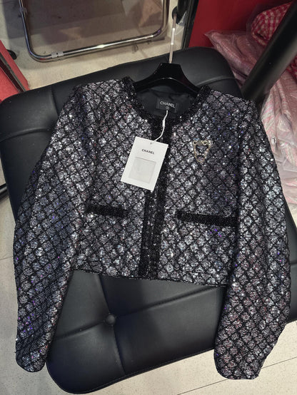 CC Plaid Jacket With Sparkling Beading and Black Stone Border