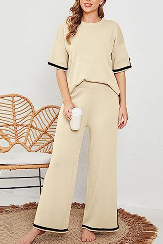 Blusa de manga corta con bloques de color y pantalones anchos elásticos de punto con patchwork o ropa informal