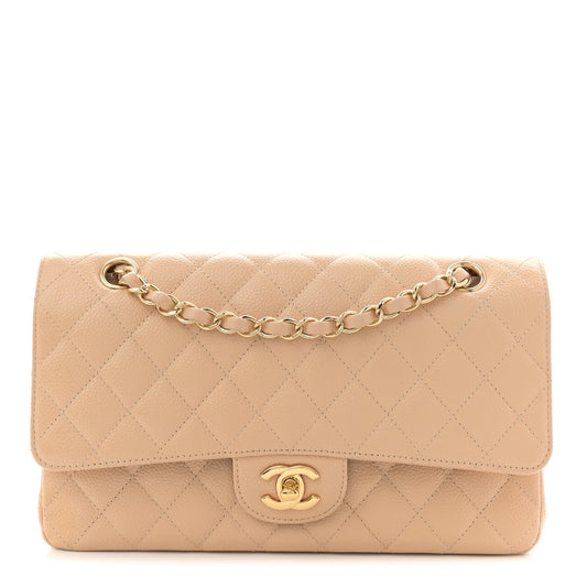 Caviar Quilted Medium Double Flap Beige