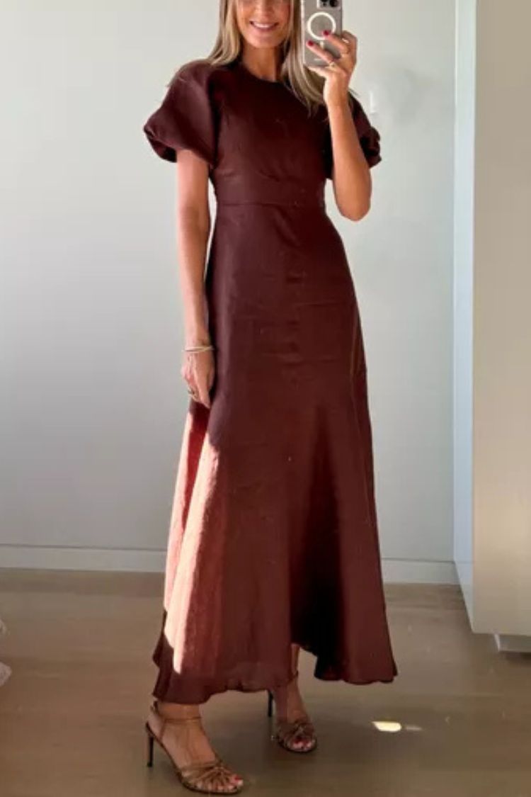 Vestido largo de cintura ajustada y manga corta en mezcla de lino Della