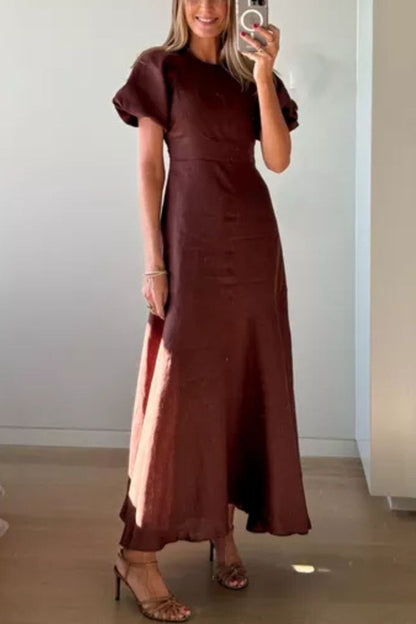 Vestido largo de cintura ajustada y manga corta en mezcla de lino Della