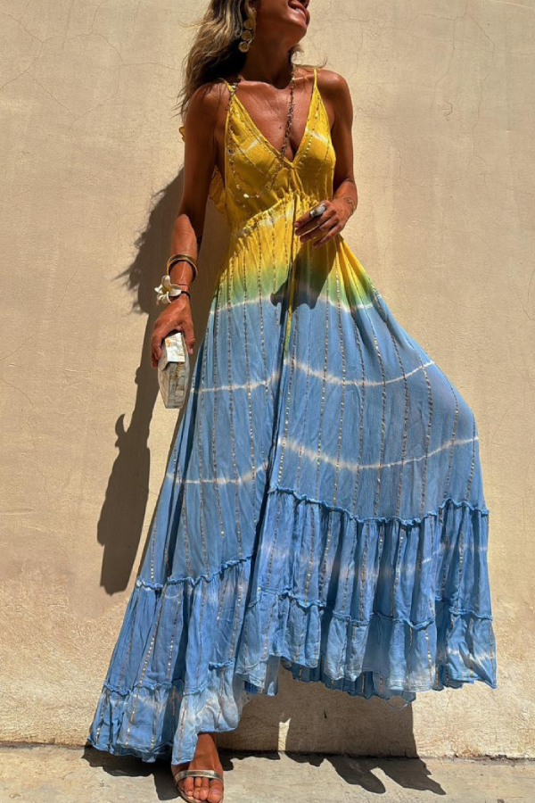 Vestido largo tie-dye de lúrex dorado