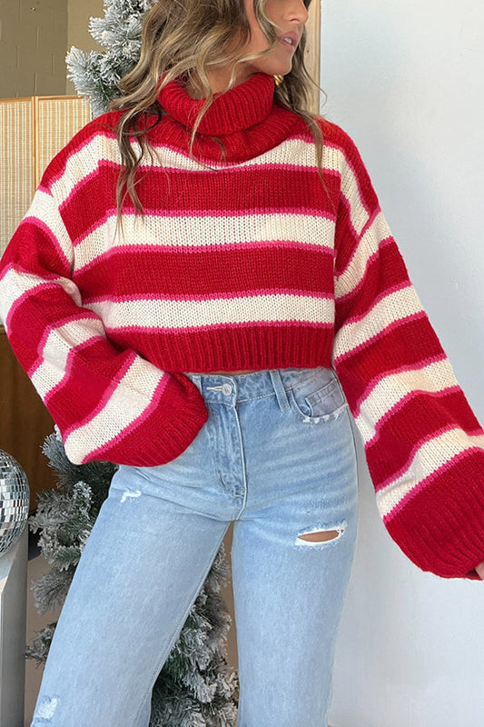 Suéter de punto suelto de manga larga con cuello alto y rayas de moda