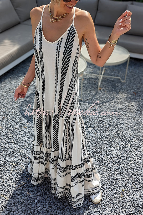 Away on Vacay Ethnic Print A-line Cami Maxi Dress