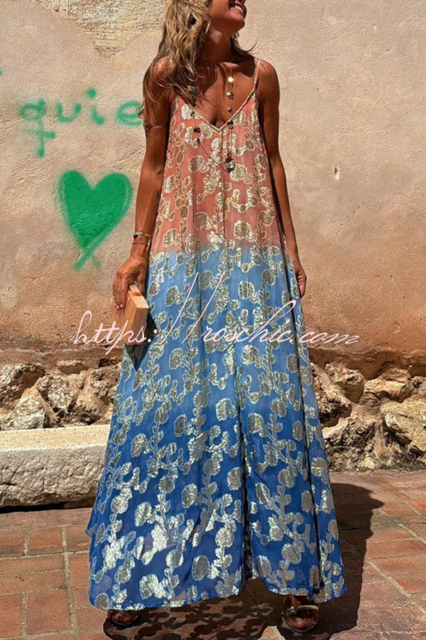 Bianca Tie Dye Gradient Flower Print Pocketed A-line Slip Maxi Dress