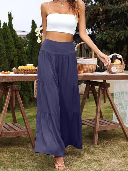 Pantalones casuales de cintura alta de algodón y lino con pierna ancha para mujer