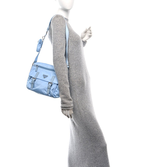 Re-Nylon Vela Saffiano Pocket Double Buckle Messenger Shoulder Bag Celeste