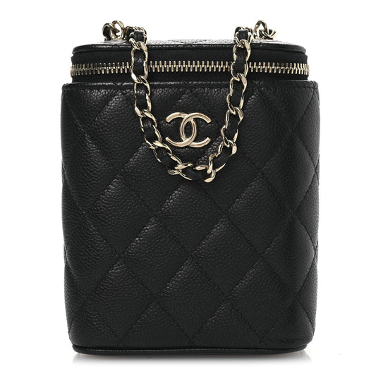Caviar Quilted Small Vertical Coco Beauty Vanity Case With Chain Black