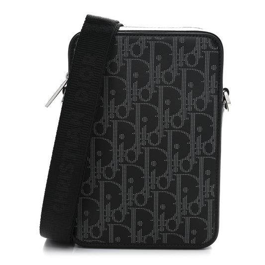 Calfskin Oblique Galaxy Perforated World Tour Messenger Pouch Black