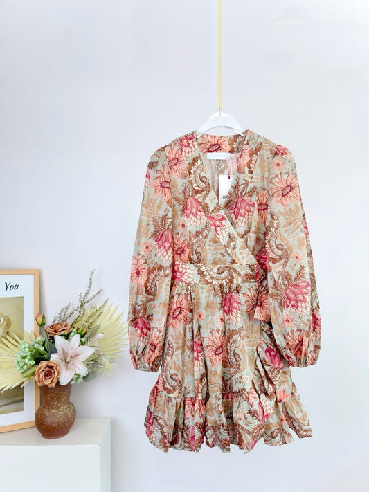 Zimmermann Daylight Mini Wrap Frill Dress Pink Cotton 342336