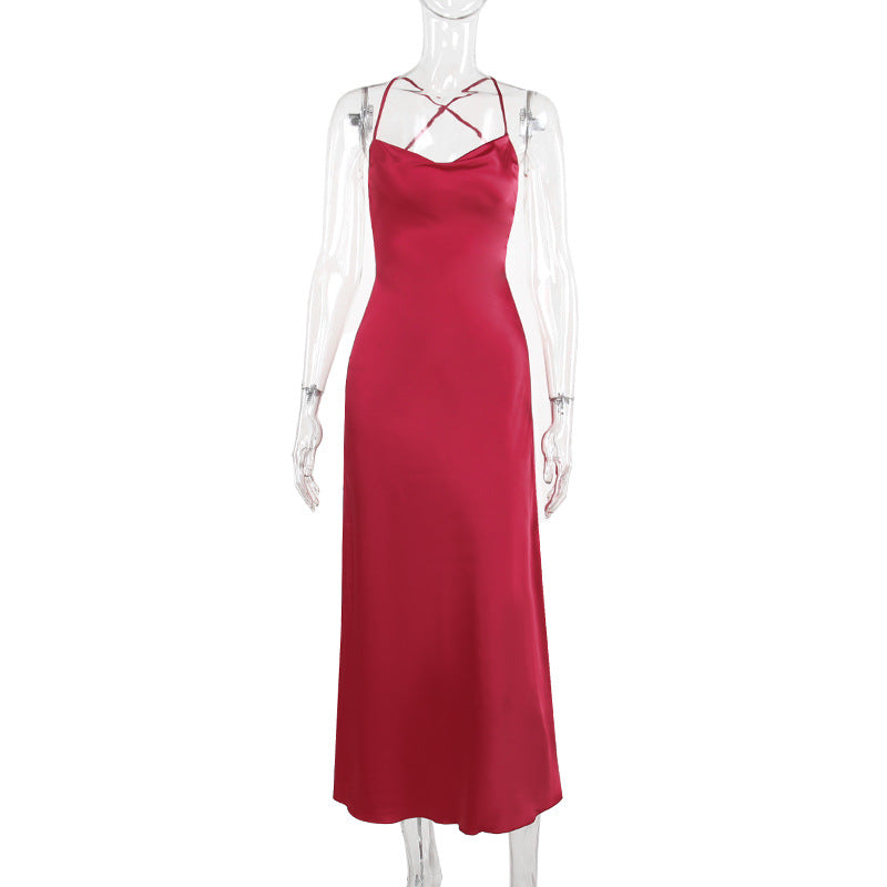 Autumn Sexy Women Clothing Maxi Dress Elegant Slim Strap Satin A Hem Backless Dress Women