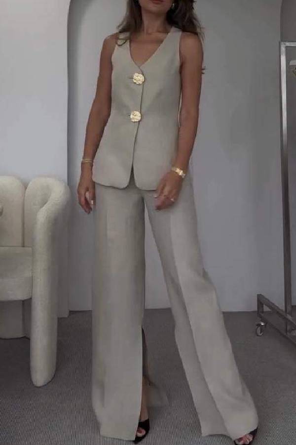 Conjunto de dos piezas de chaleco y pantalón de traje elegante de color liso sin mangas
