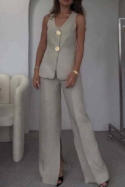 Conjunto de dos piezas de chaleco y pantalón de traje elegante de color liso sin mangas