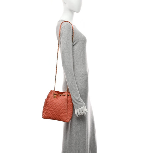 Washed Denim Quilted Small Urban Spirit Drawstring Bag Orange