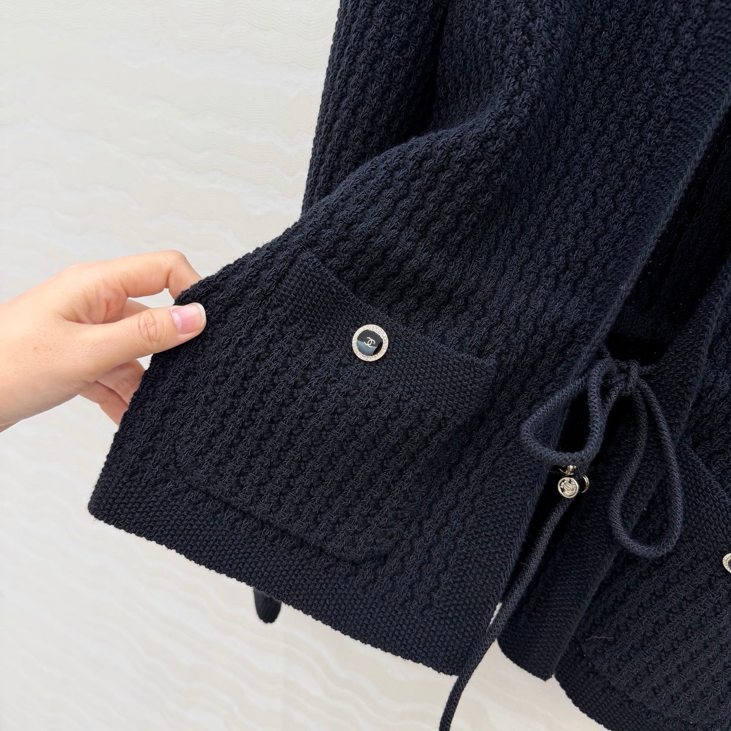 Chanel 26c Rhinestone Buckle Belt Cardigan Black Wool 333722