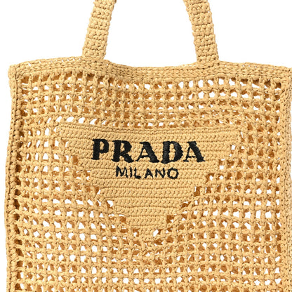 Yarn Raffia Effect Crochet Logo Embroidered Tote Bag Naturale