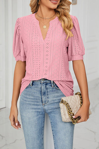 Camiseta holgada informal con cuello en V y mangas abullonadas huecas de color liso para mujer
