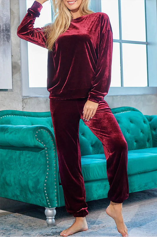Conjunto de top de cuello redondo y pantalón largo con cordón de terciopelo rojo sólido