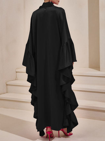 Batwing Sleeves Loose Hollow Pleated Solid Color Split-Joint High Neck Evening Dresses Maxi Dresses