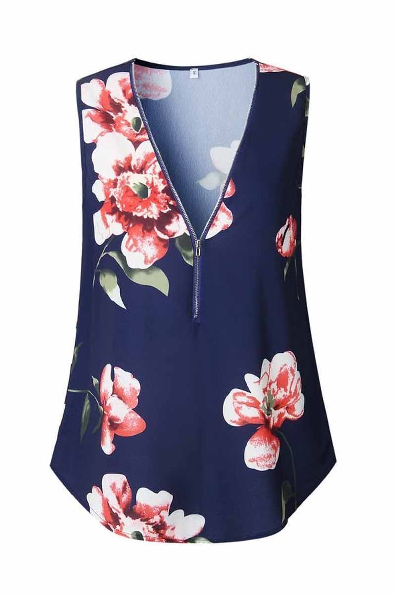 Camiseta sin mangas floral con diseño de cremallera de moda de verano