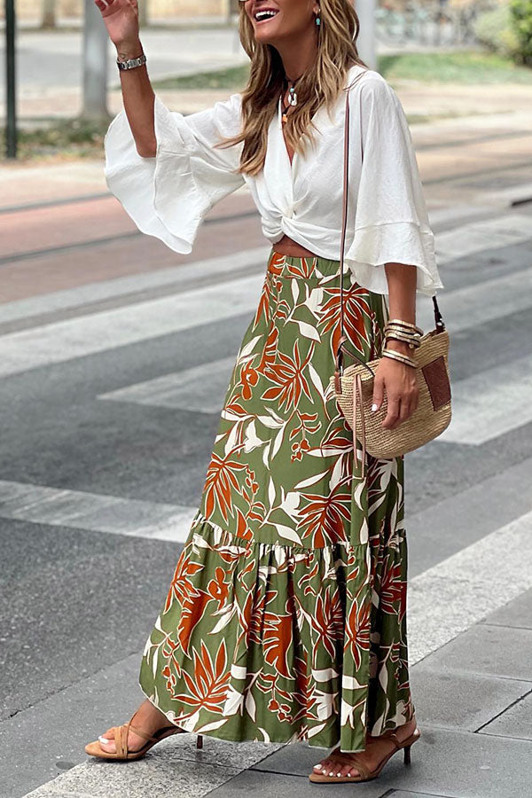 Falda plisada retro con estampado de flores y hojas