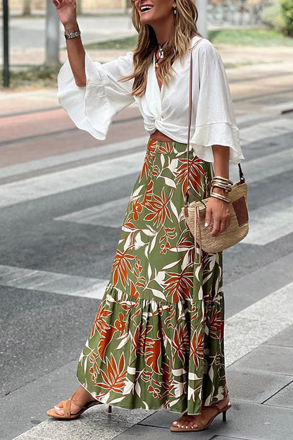 Falda plisada retro con estampado de flores y hojas