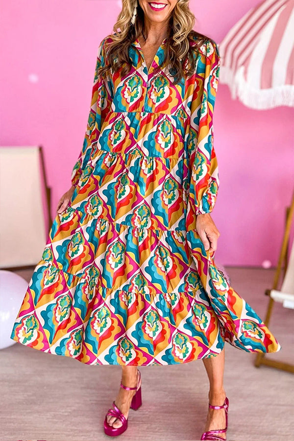 Vestido bohemio con cuello con muescas y estampado geométrico abstracto multicolor