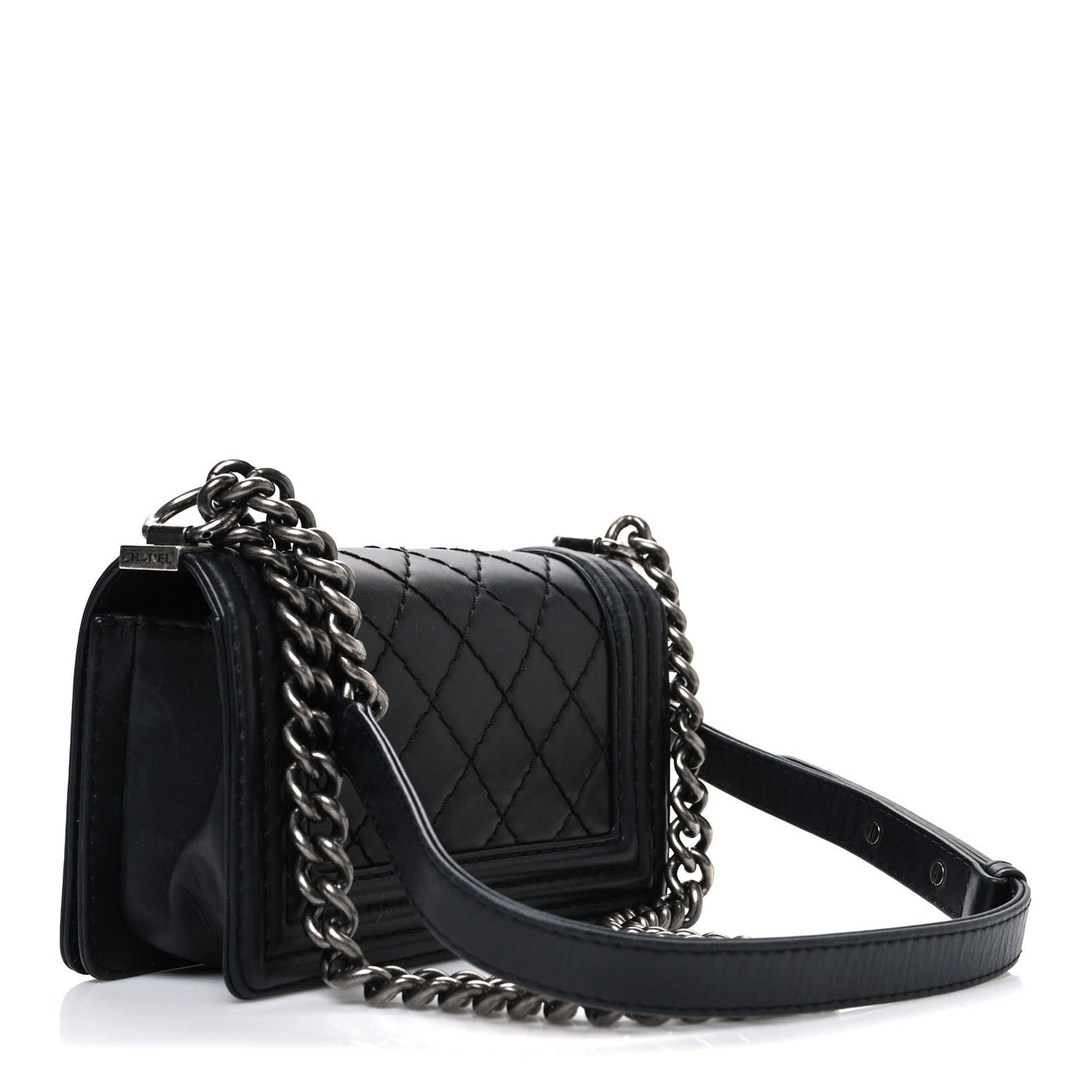 Calfskin Double Stitch Small Boy Flap Black